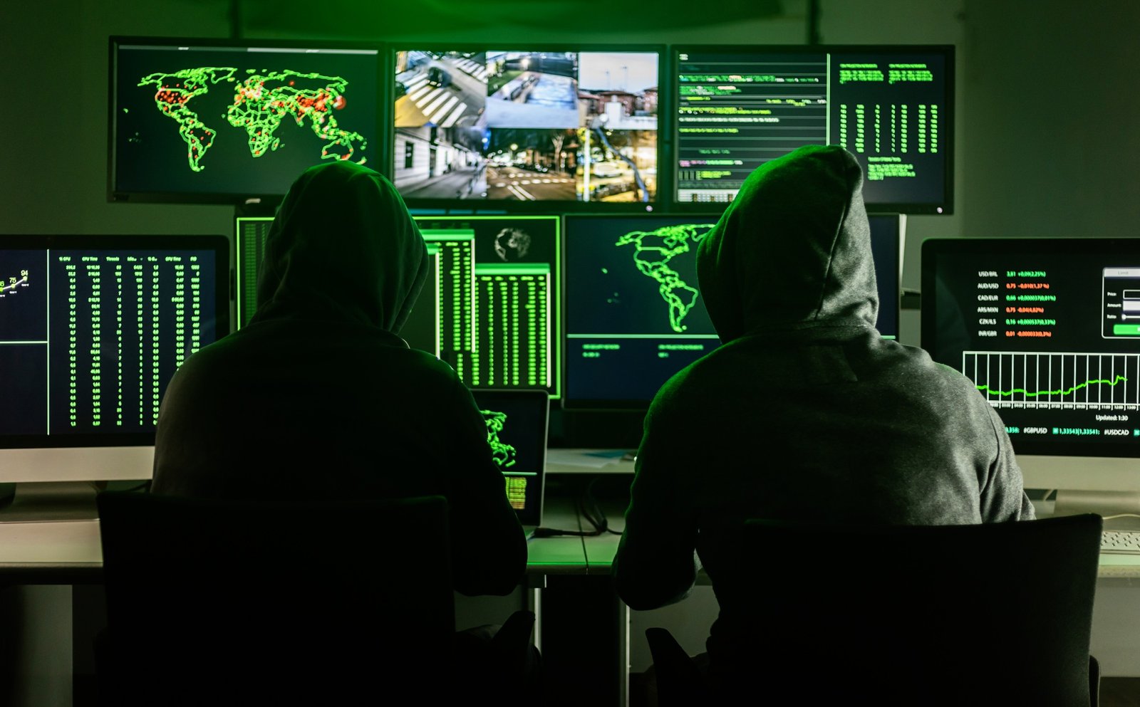 Deux pirates travaillant sur des ordinateurs montrant des cartes mondiales et des images de caméras de sécurité